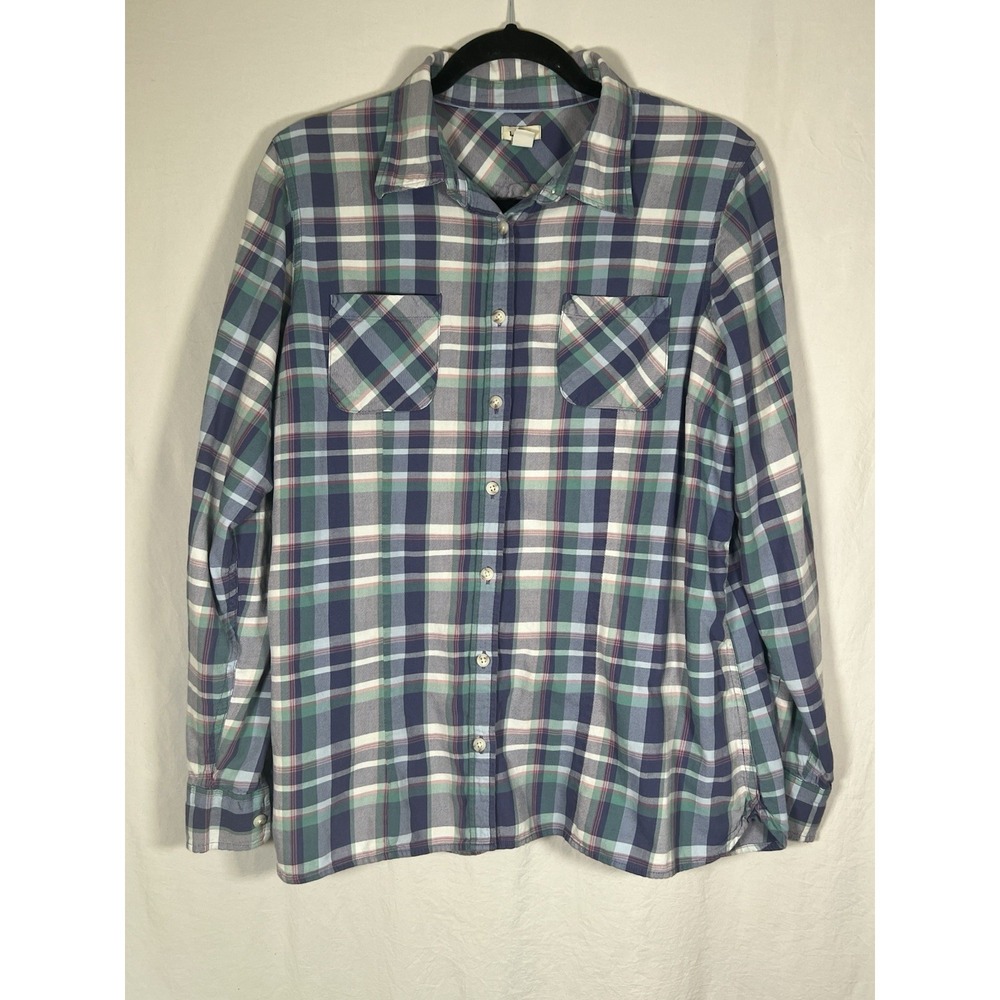 LL Bean Purple Plaid Long Sleeve Flannel Button Up Size L Outdoor Camping Basic